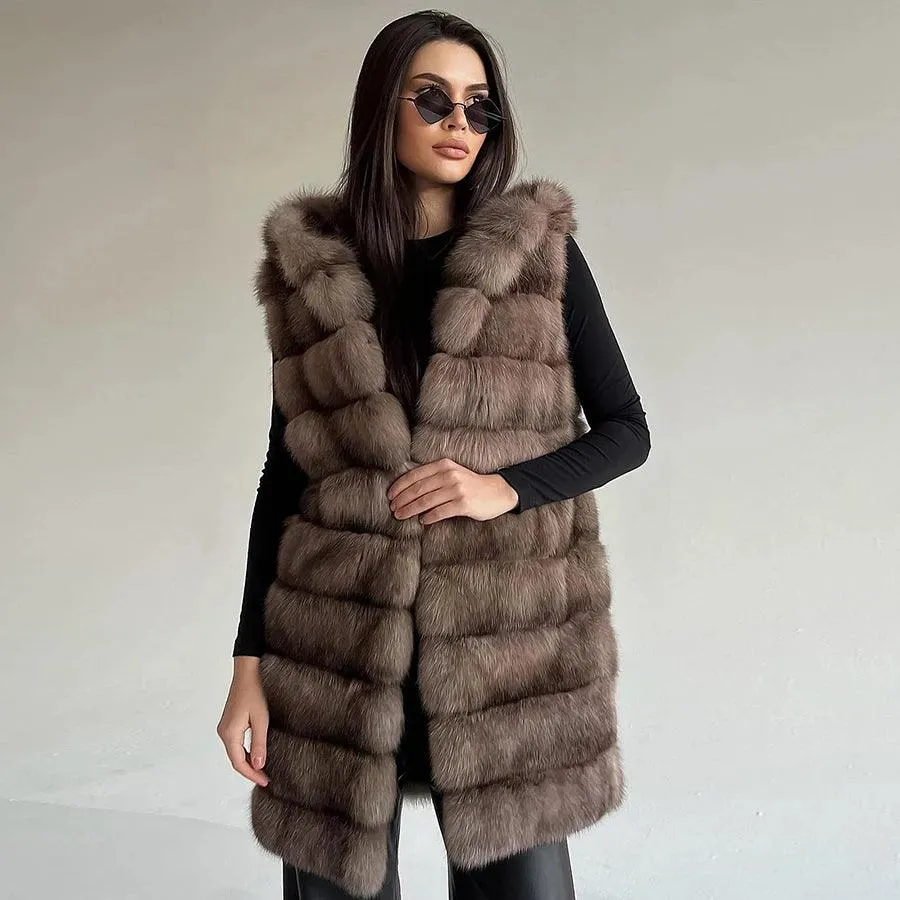 2024 Women's Luxury Fox Fur Vest Ã¢â‚¬â€œ Mid-Long Waistc...