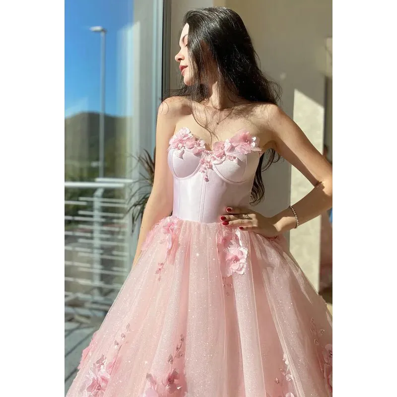 A-Line Strapless Tulle Appliques Sleeveless Prom Evening Formal Dress