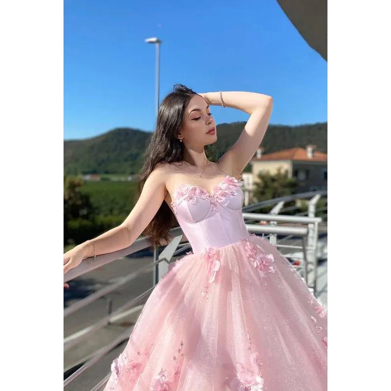 A-Line Strapless Tulle Appliques Sleeveless Prom Evening Formal Dress