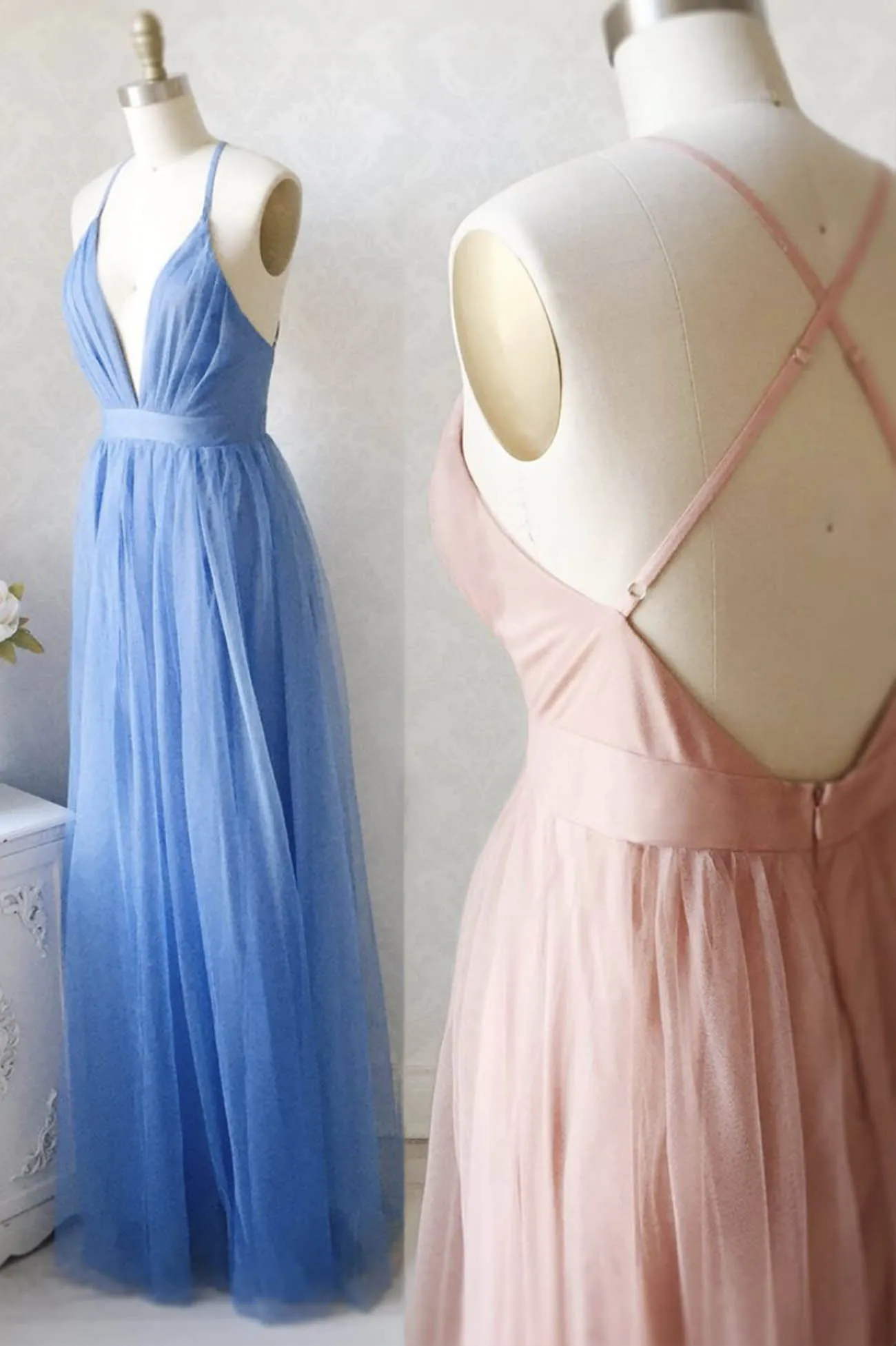 A-Line Tulle Long Prom Dresses, Simple V-Neck Party Dresses