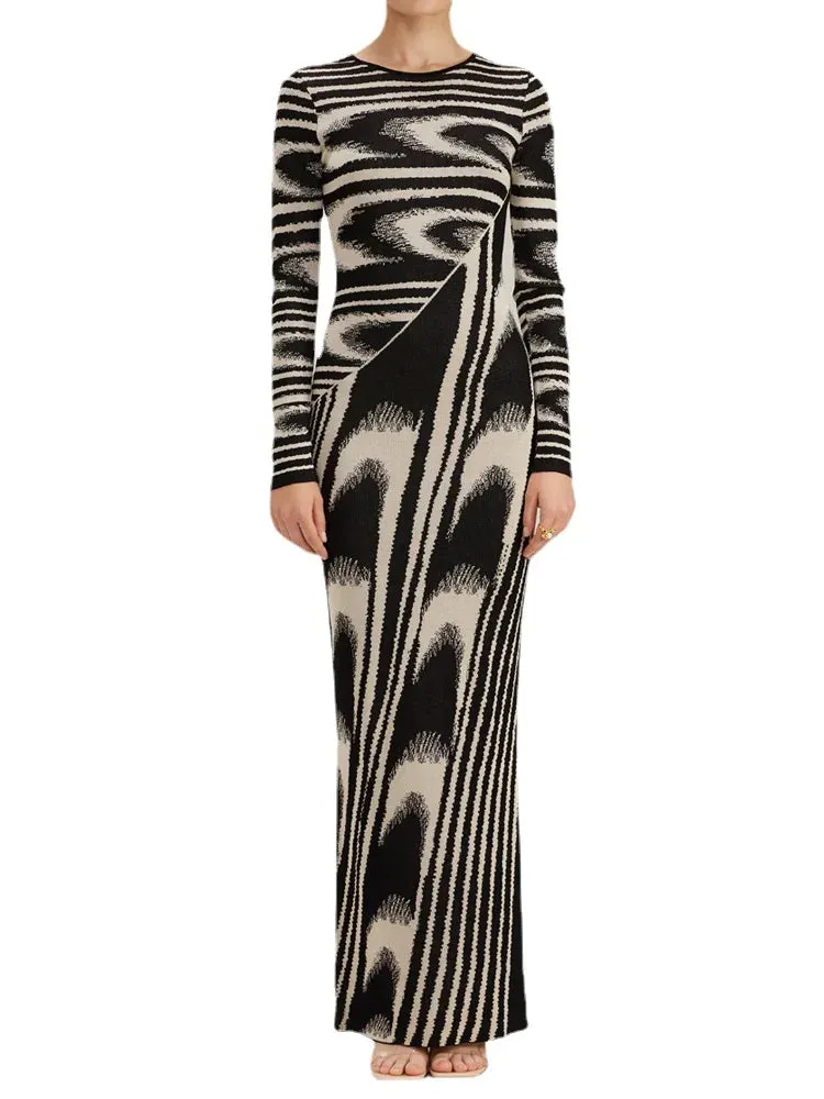 A&A Abstract Long Sleeve Knitted Maxi Dress