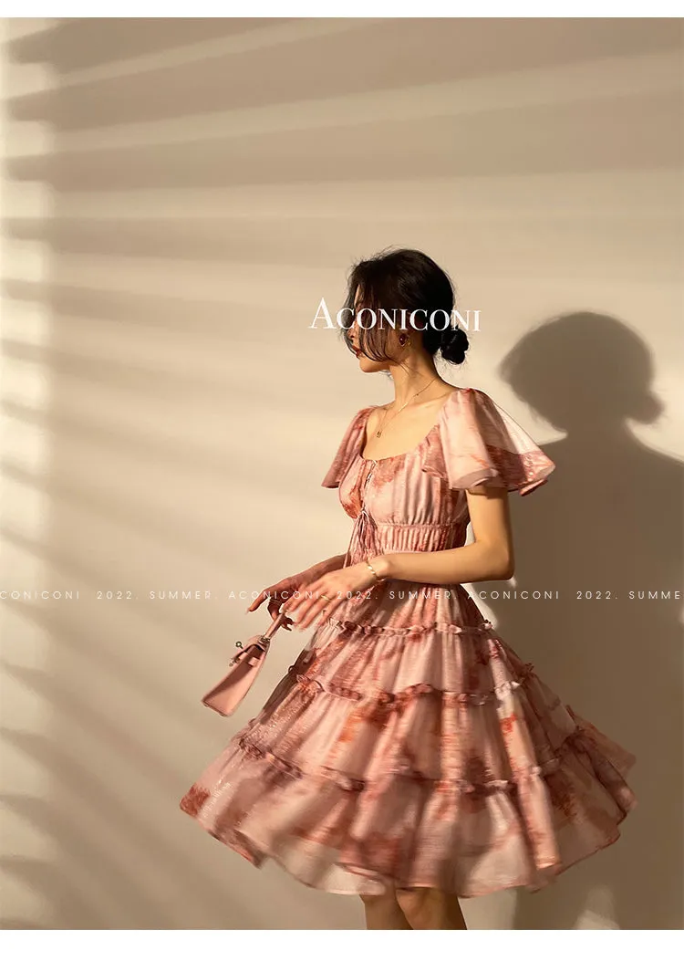 Aconiconi｜Fireworks French Print High end Design flowy floral Dress - Atami