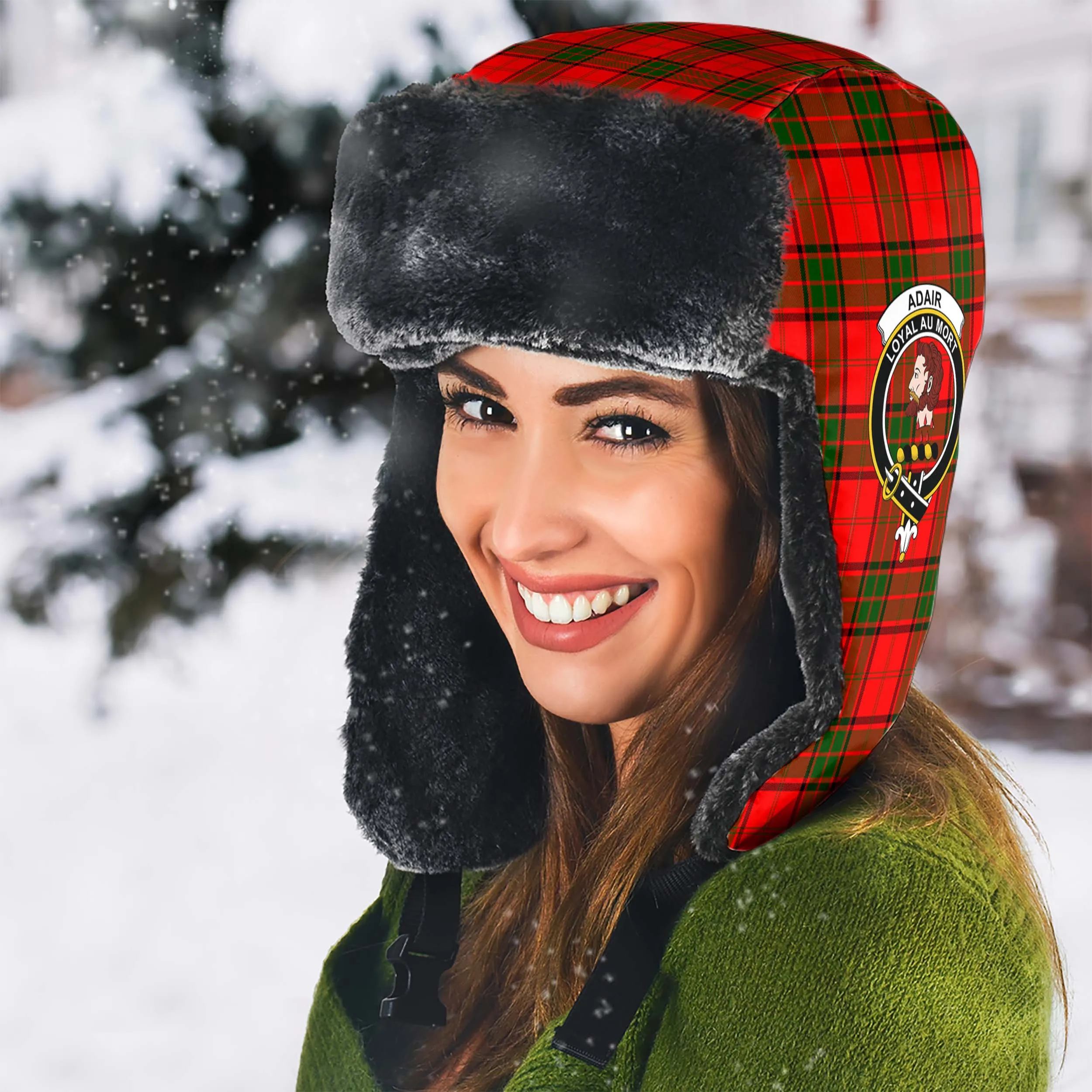 Adair Tartan Winter Trapper Hat with Family Crest