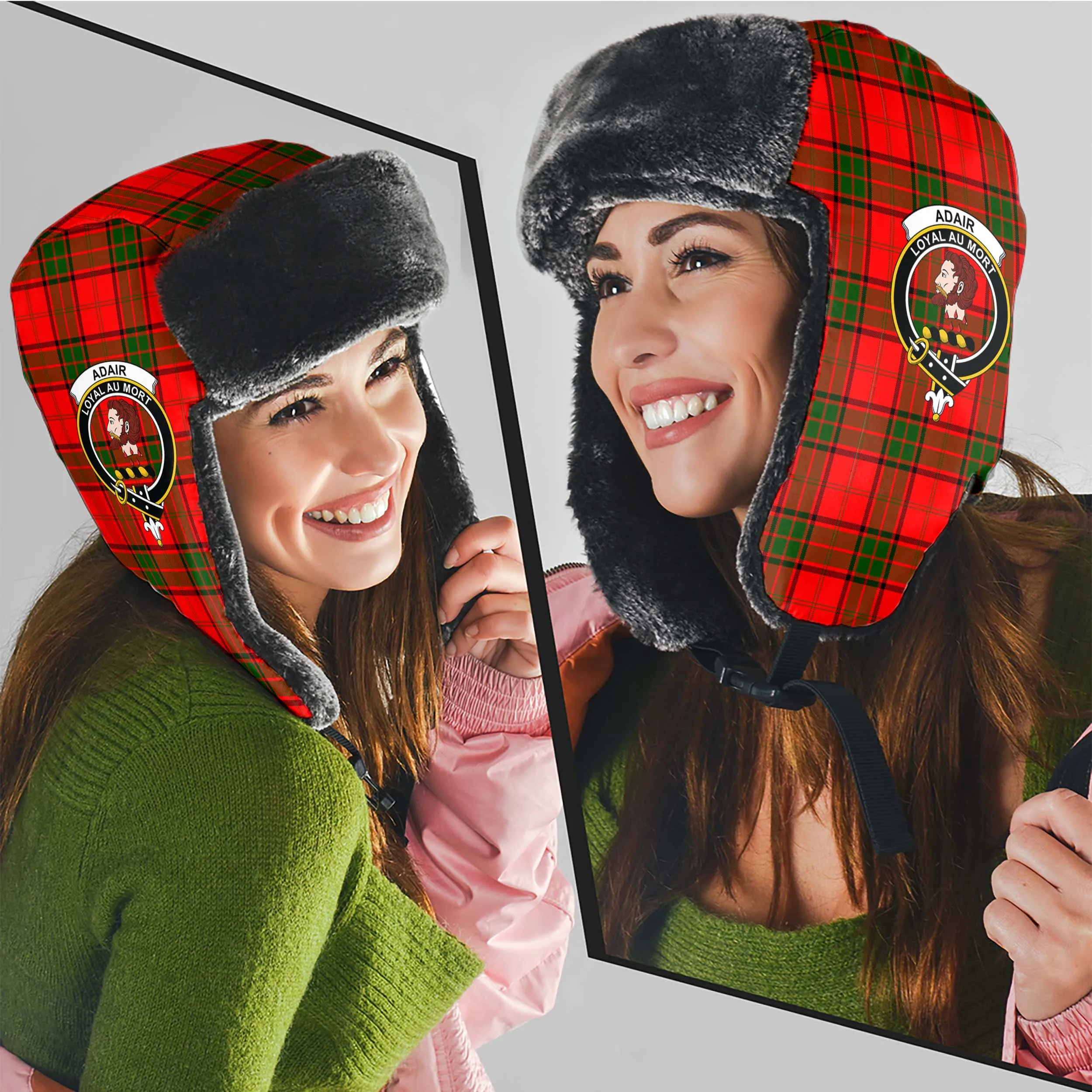 Adair Tartan Winter Trapper Hat with Family Crest