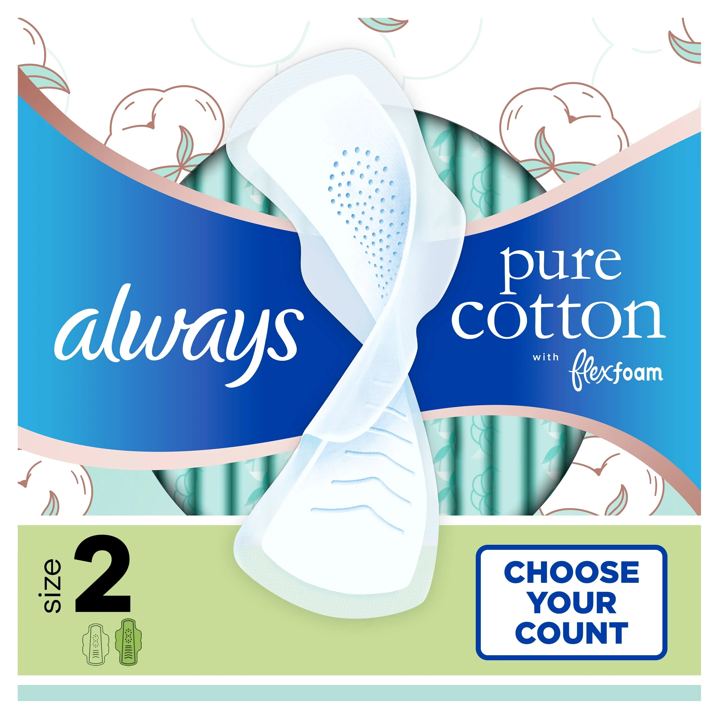 Always Pure Cotton Feminine Pads With WIngs, Size 2, Heavy Absorbency, 24 Count