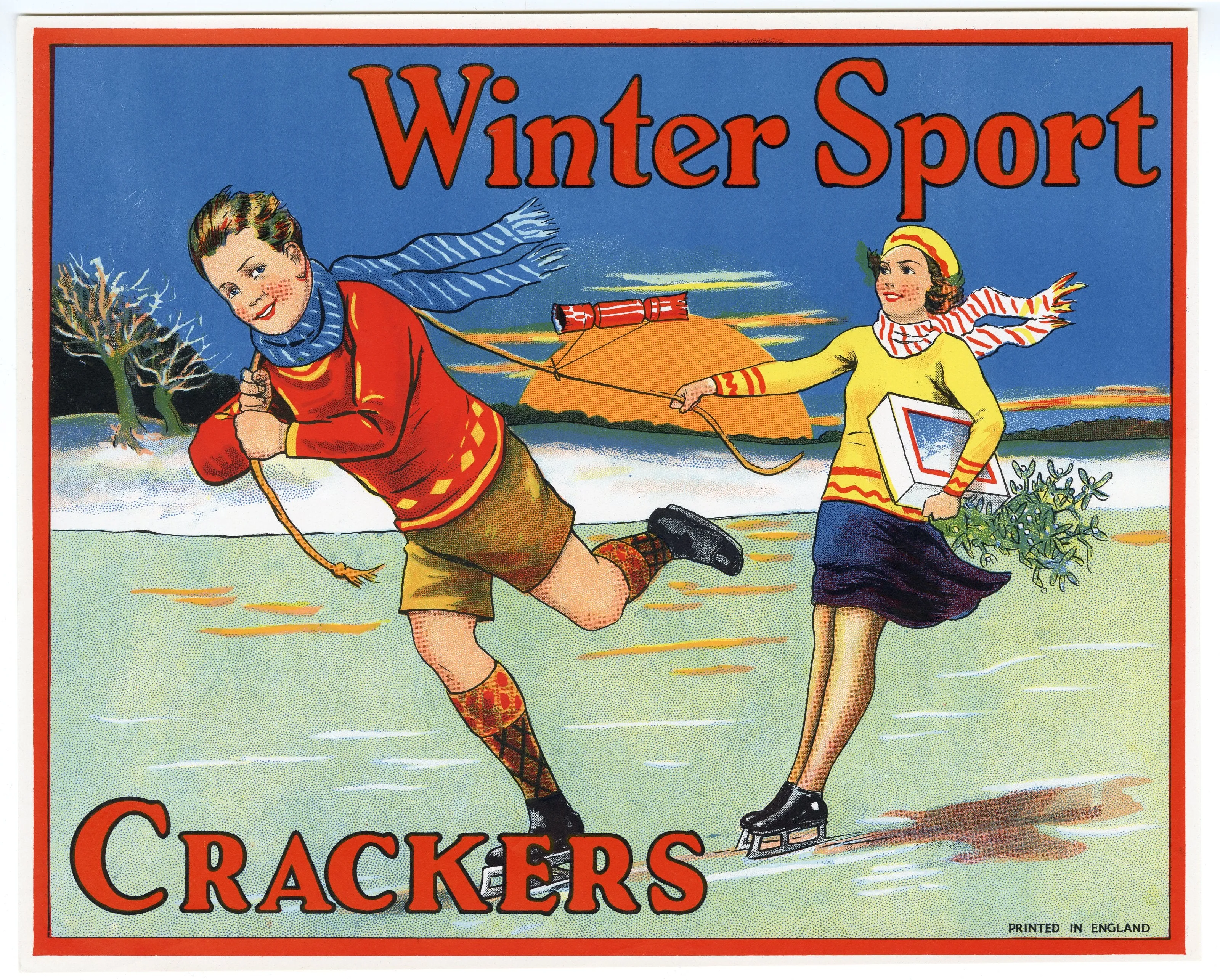 Antique, Unused WINTER SPORT Firecracker LABEL ONLY, Batger, Ice Skating