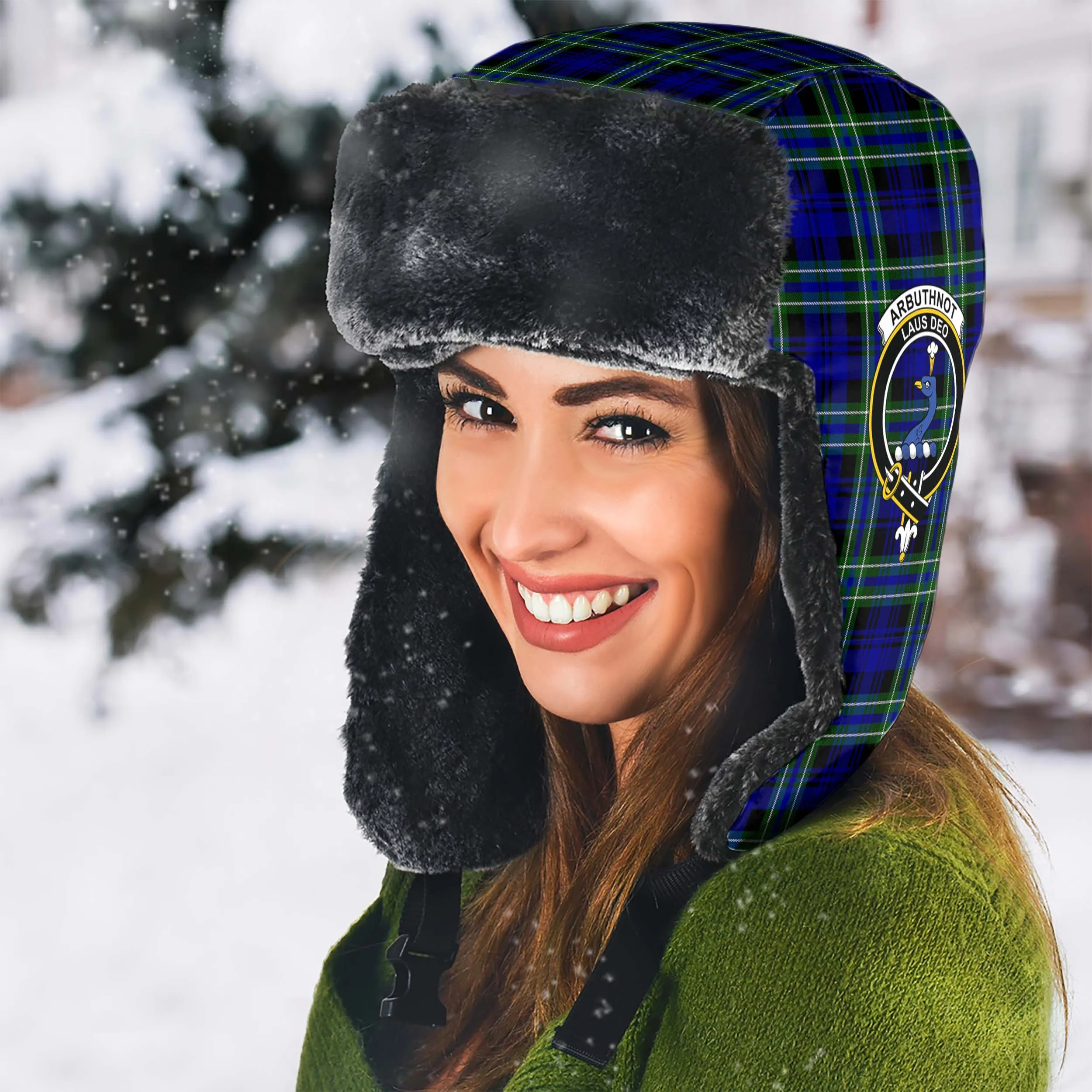 Arbuthnot Modern Tartan Winter Trapper Hat with Family Crest