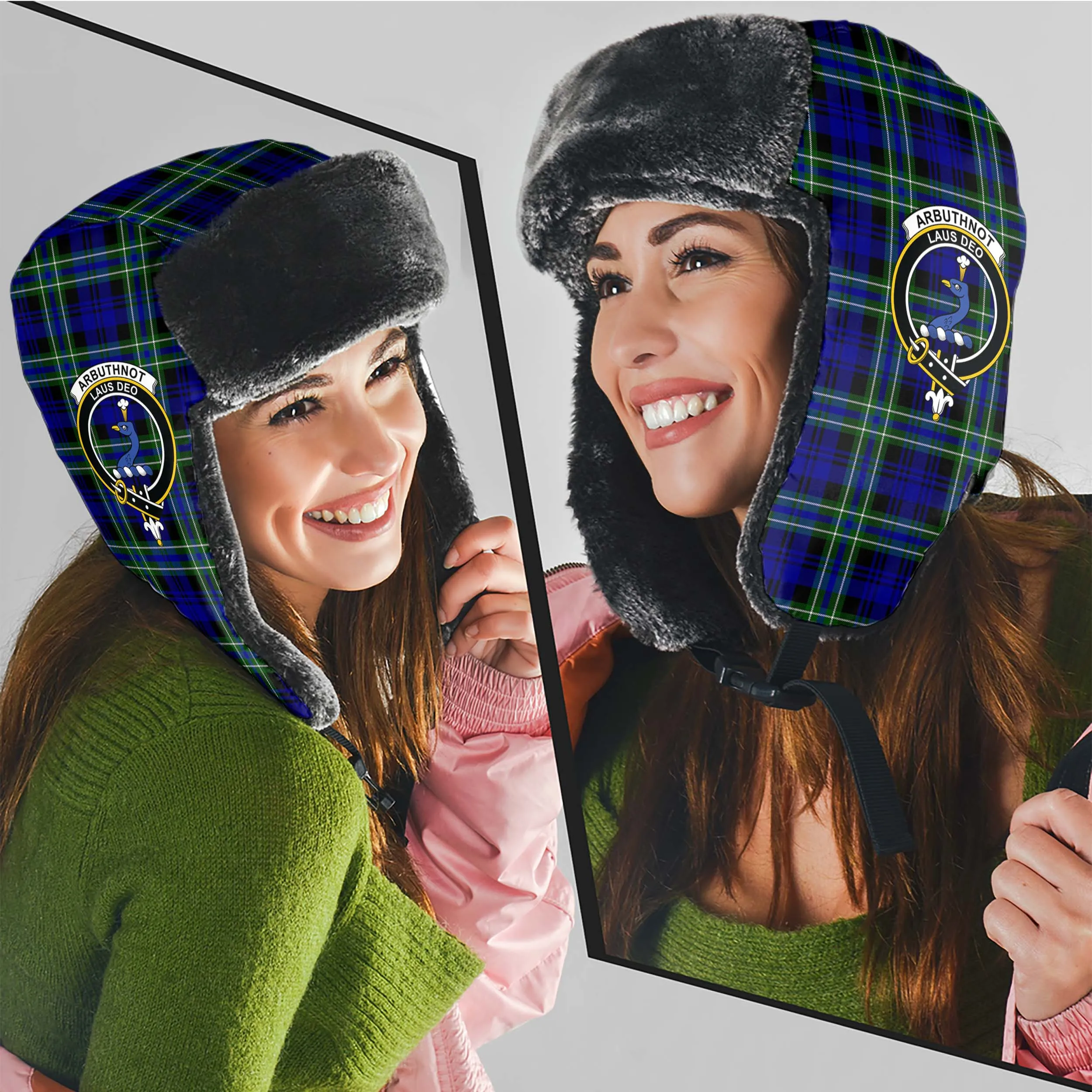 Arbuthnot Modern Tartan Winter Trapper Hat with Family Crest