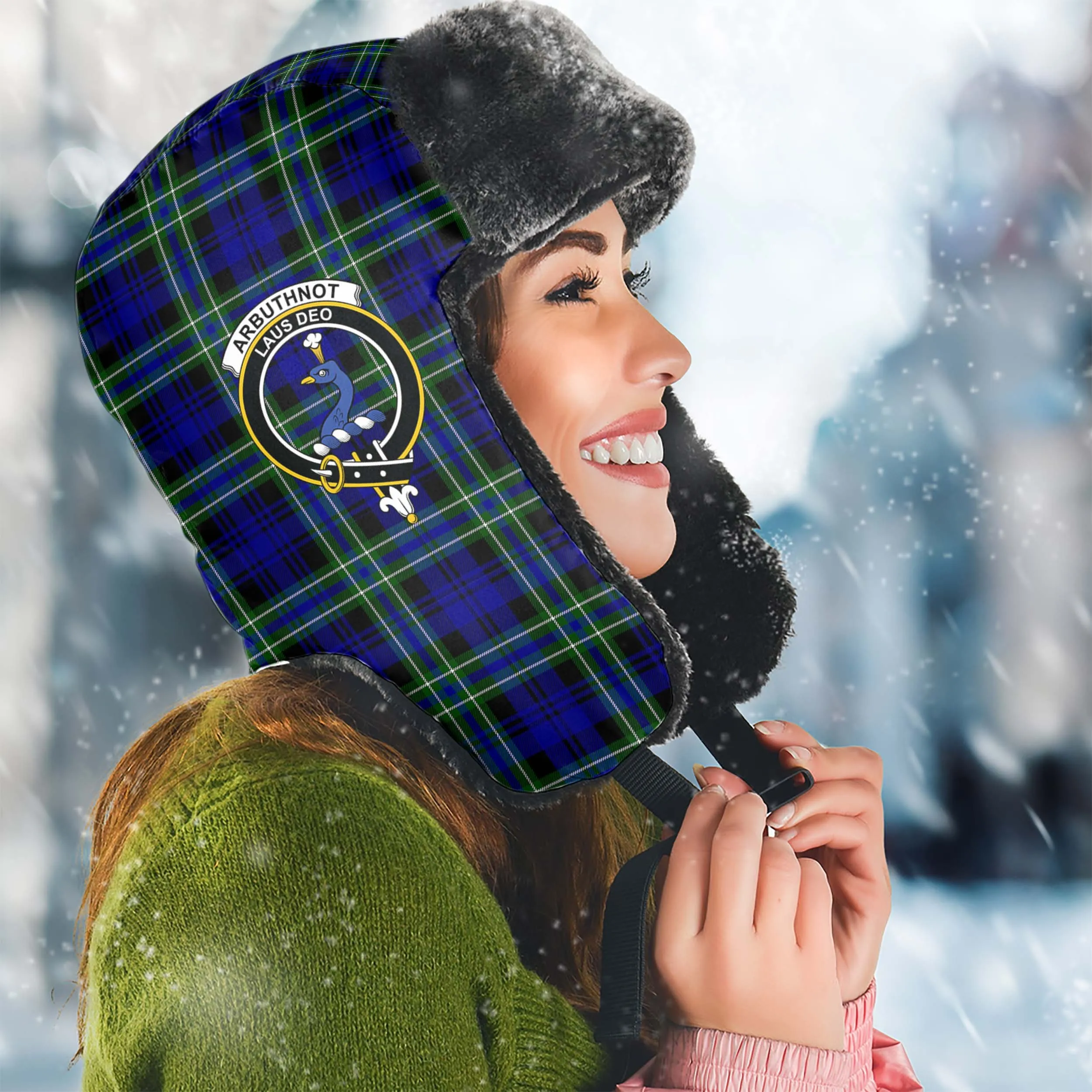 Arbuthnot Modern Tartan Winter Trapper Hat with Family Crest