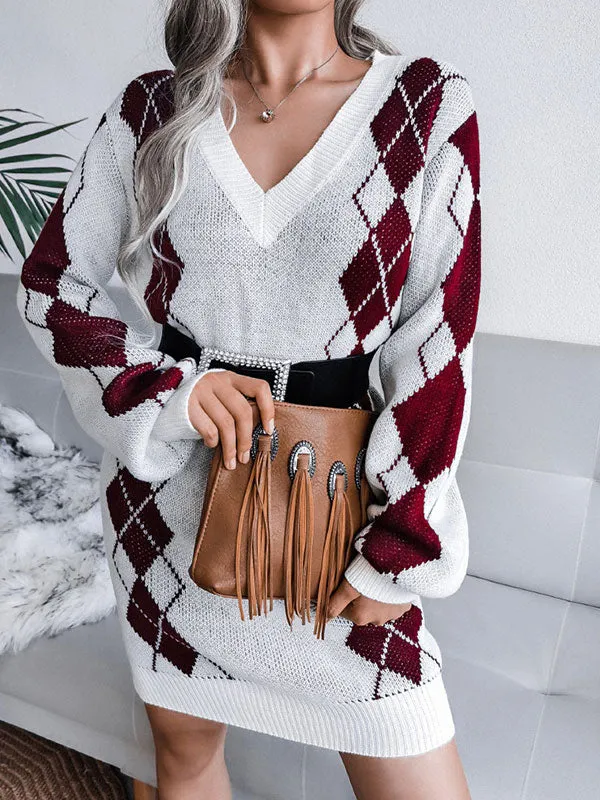 Argyle Long Sleeve Knit Midi Dress