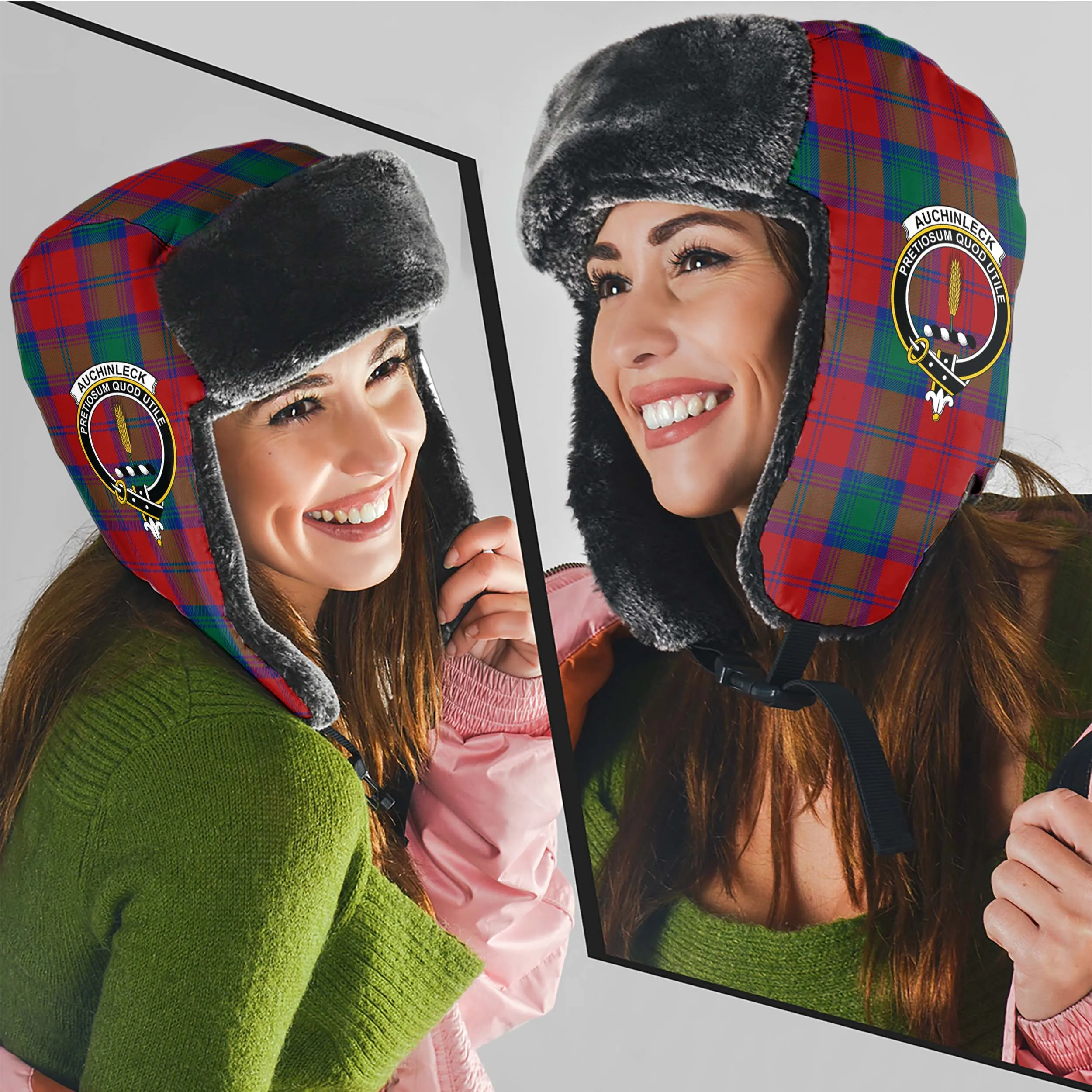 Auchinleck (Affleck) Tartan Winter Trapper Hat with Family Crest