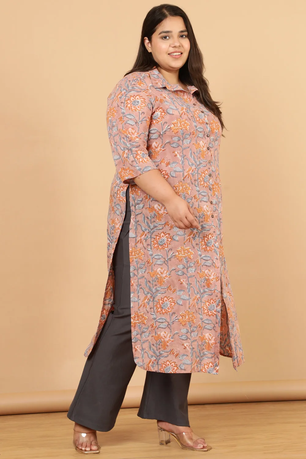 Authentic Handblock Printed Earthen Pink Kurta Shrug