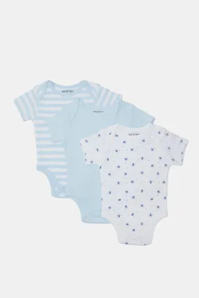 Baby White And Blue Printed Bodysuit Set (Pack Of 3)