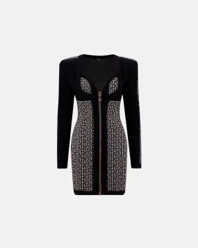 Balmain Women Monogrammed Bodycon Knit Dress Ivory/Black