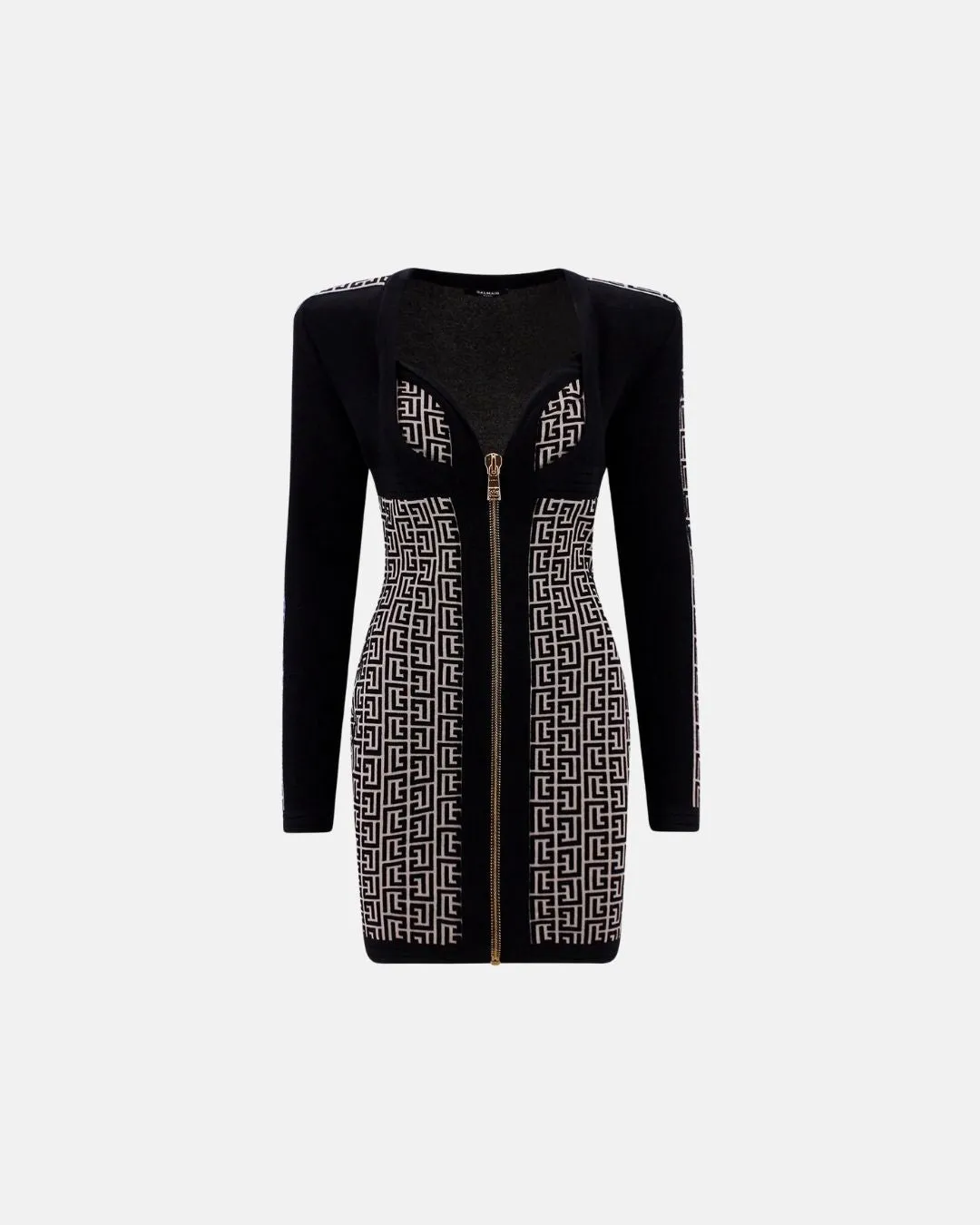 Balmain Women Monogrammed Bodycon Knit Dress Ivory/Black