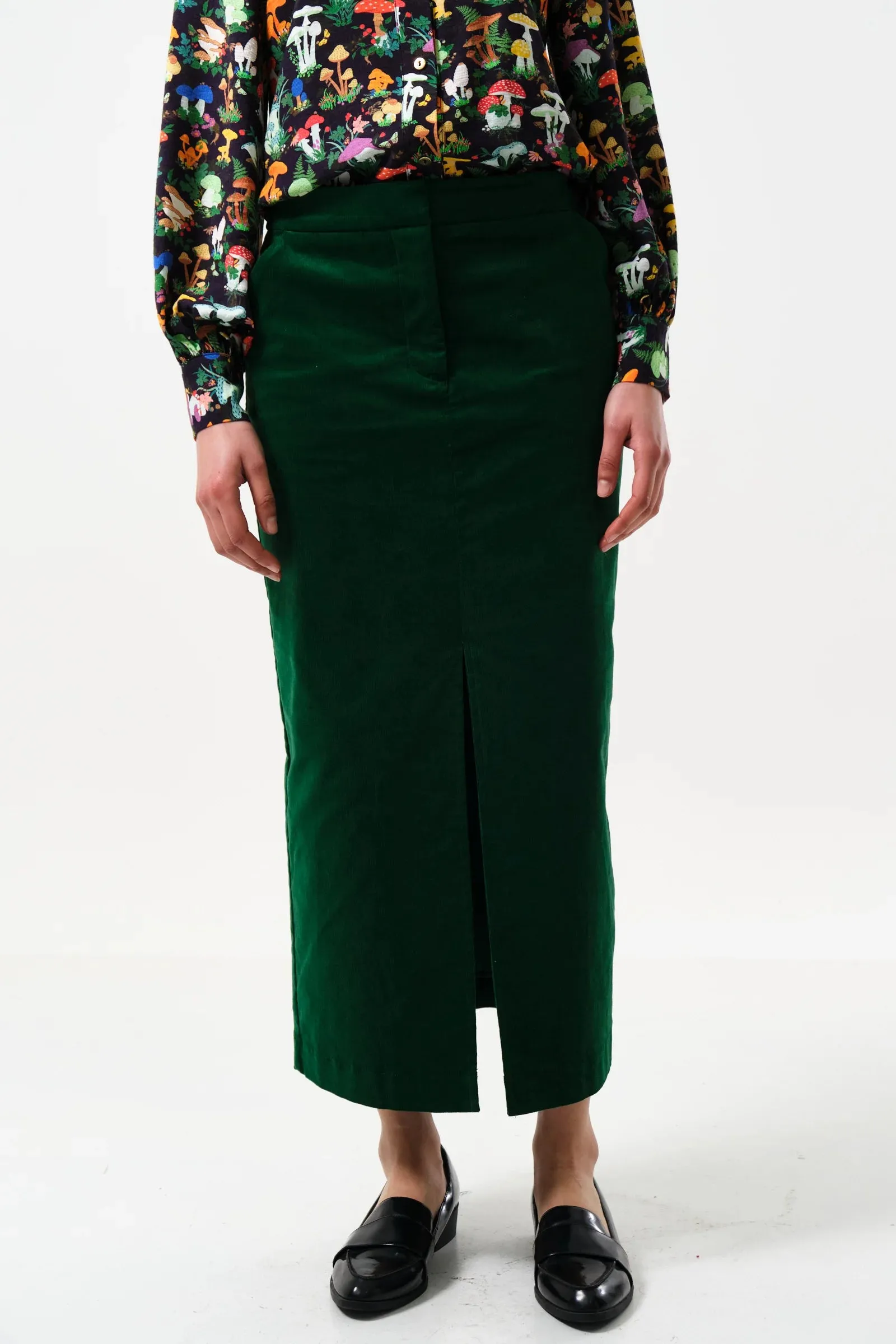 Balthazar Baby Cord Dark Green Midi Pencil Skirt