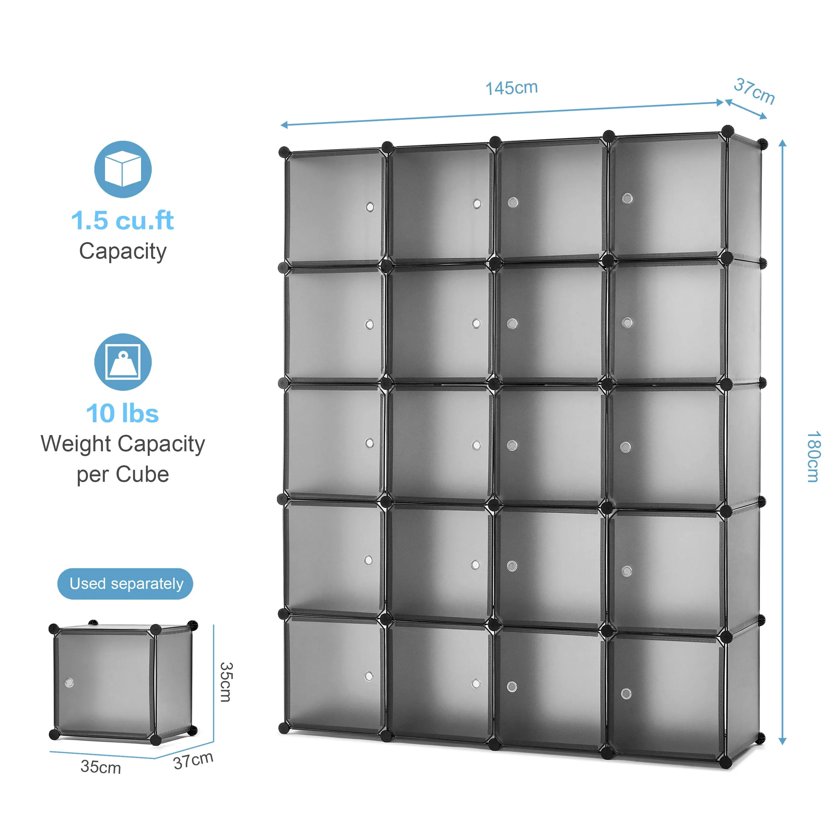 Bedroom PP Storage Wardrobe, 12 Cubes/20 Cubes, Light Grey Color and Transparent