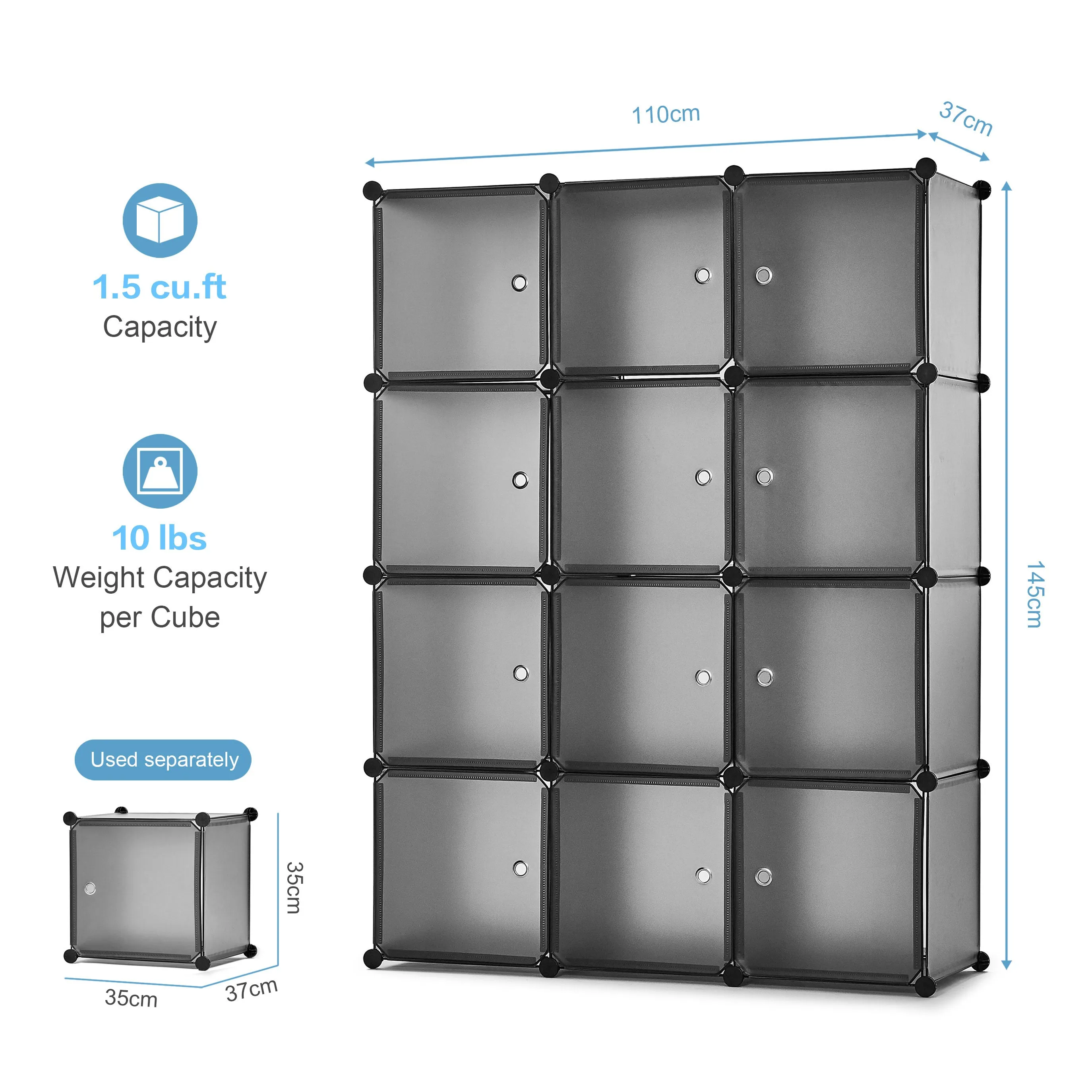 Bedroom PP Storage Wardrobe, 12 Cubes/20 Cubes, Light Grey Color and Transparent