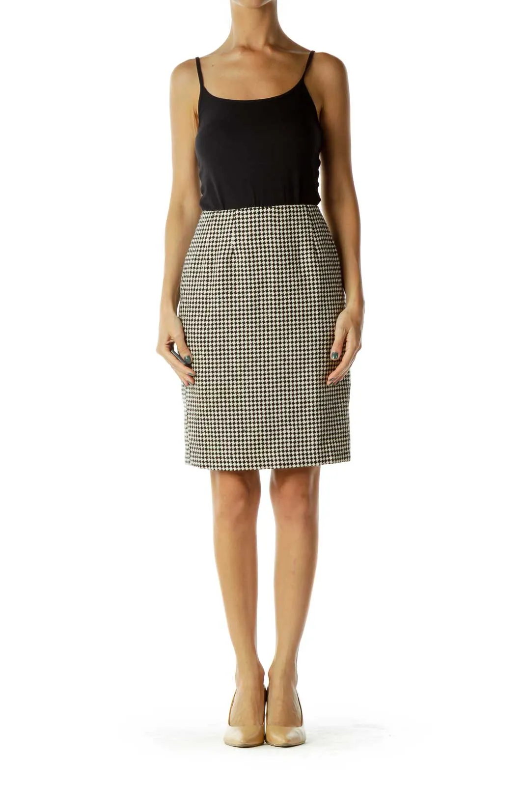 Beige Black Houndstooth Pencil Skirt