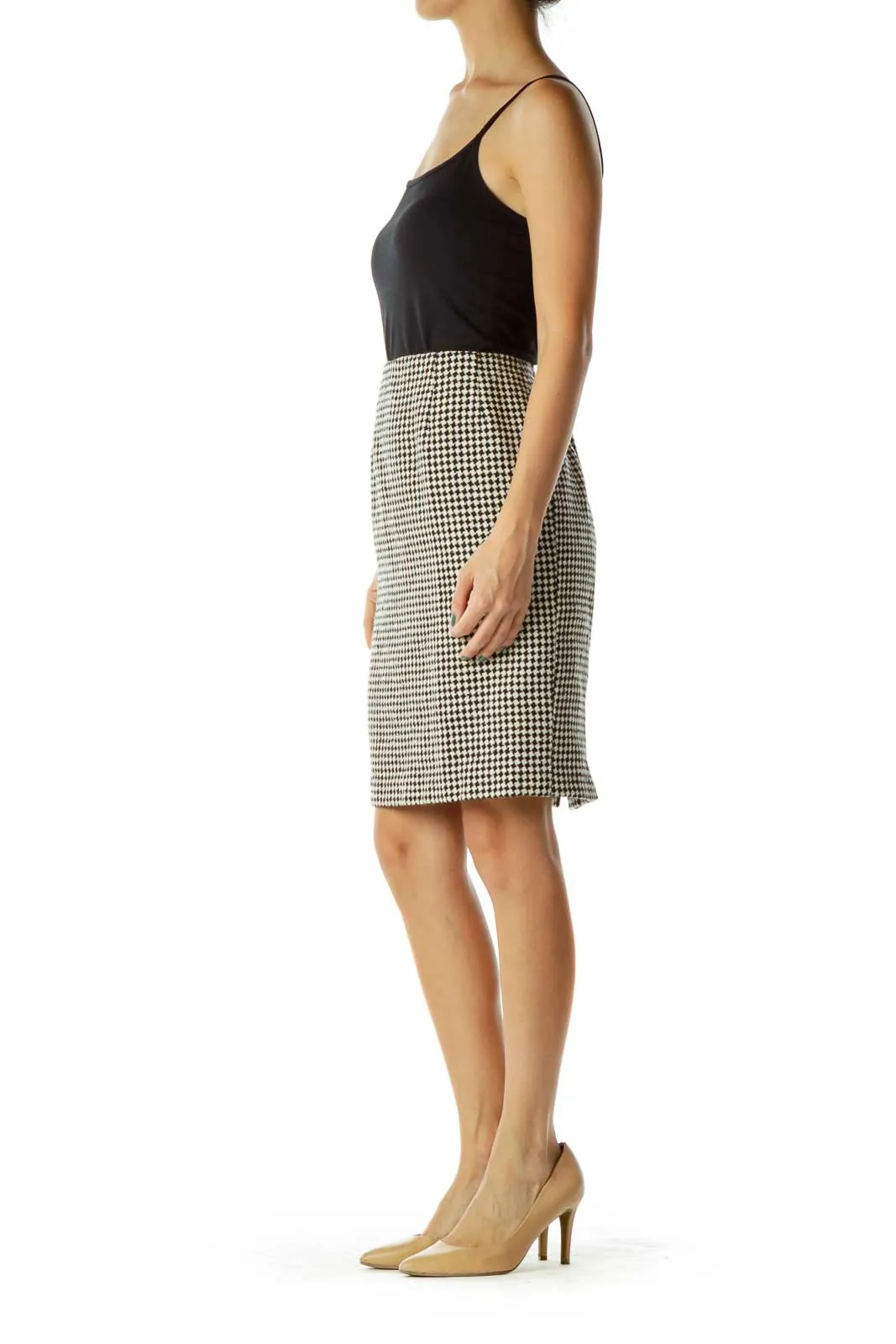 Beige Black Houndstooth Pencil Skirt