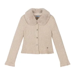 Beige Faux Fur Collar Cardigan