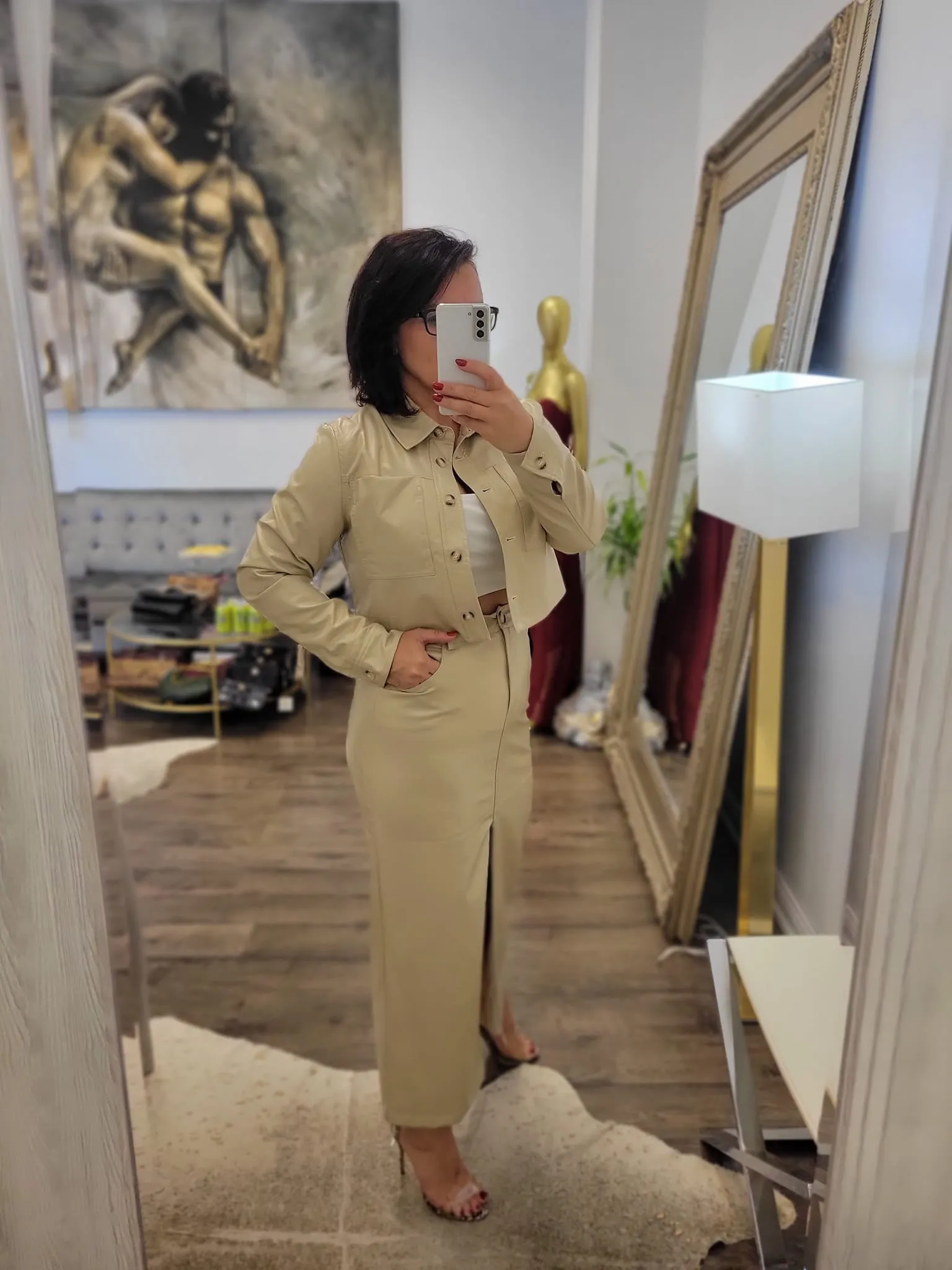 BEIGE FAUX LEATHER SET OF MIDI DRES AND CROPPED BLAZER