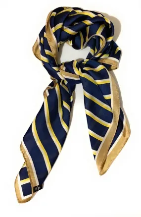 Big Square Ladies Womans Faux Silk Head Neck Thin Scarf Bag Charm - 70cm x 70cm[Navy Blue and Yellow Stripes]