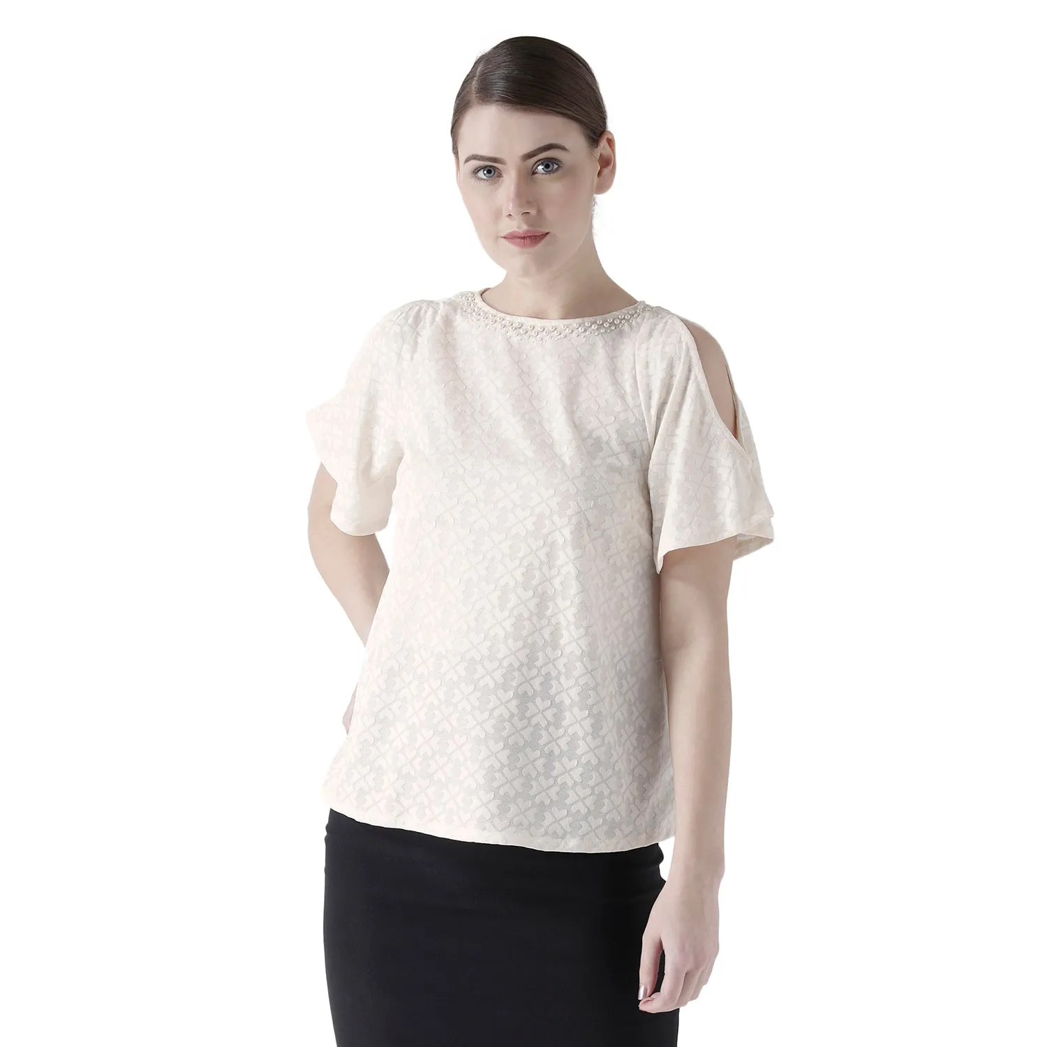 Birch Self Design Top With Pearl Neck