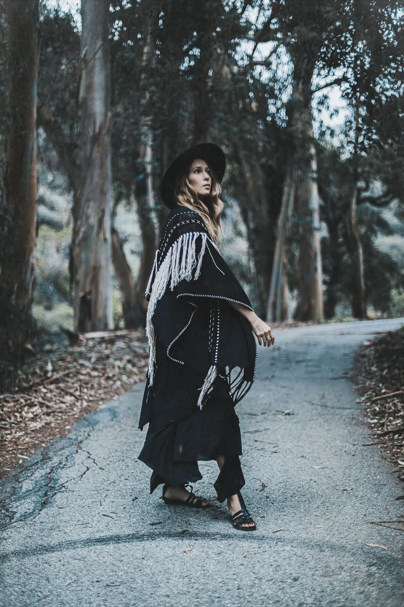 Black Boho Poncho • Hand Stitch Mantel with Hand Loomed Tassels