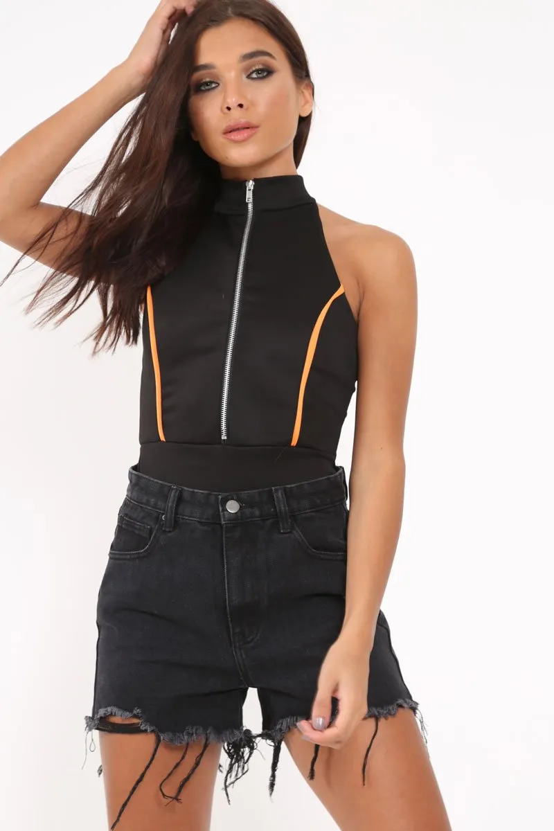 Black Contrast Zip Front Bodysuit - Odine