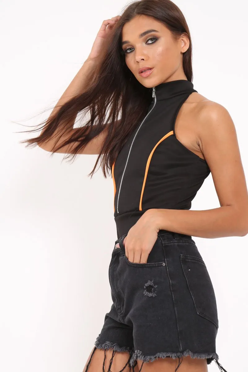 Black Contrast Zip Front Bodysuit - Odine