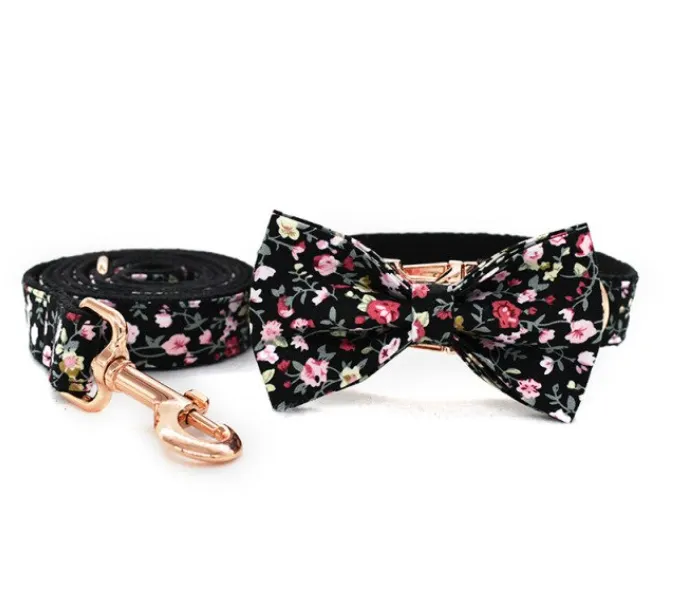 Black Floral Dog Bow Collar Leash Set | Personalized Dog ID Collar