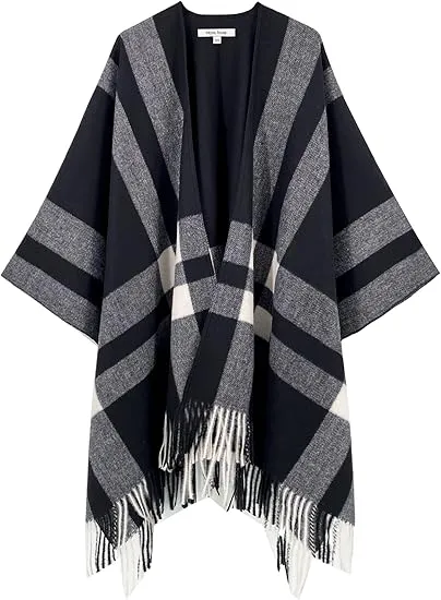 Black Grid Winter Chic Plaid Poncho Cardigan