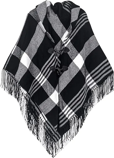 Black Grid Winter Chic Plaid Poncho Cardigan