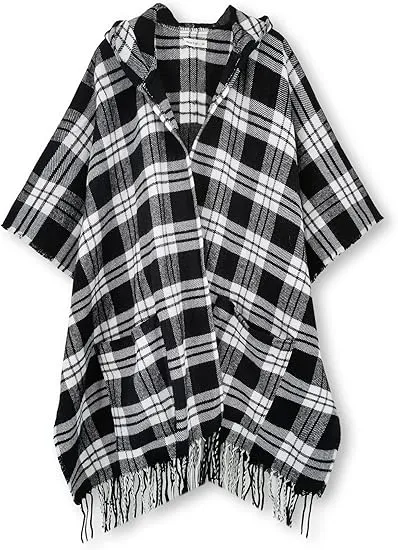 Black Grid Winter Chic Plaid Poncho Cardigan