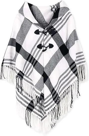 Black Grid Winter Chic Plaid Poncho Cardigan