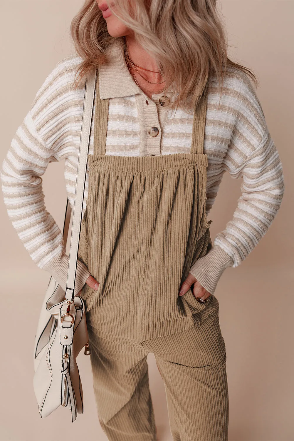 Black Solid Pocketed Loose Fit Corduroy Overall