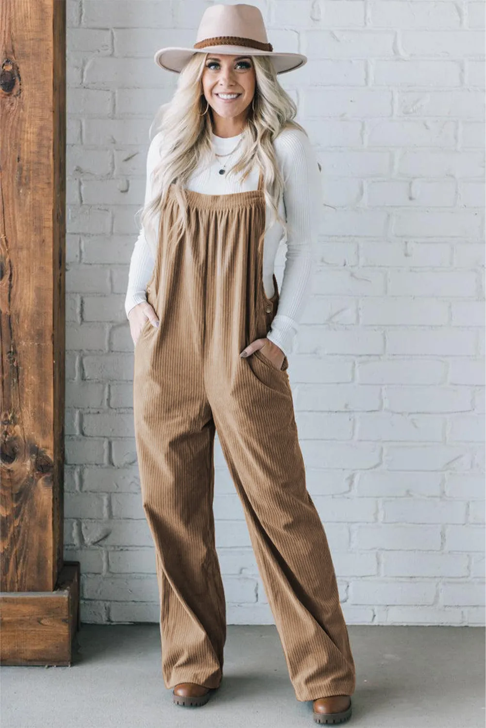 Black Solid Pocketed Loose Fit Corduroy Overall