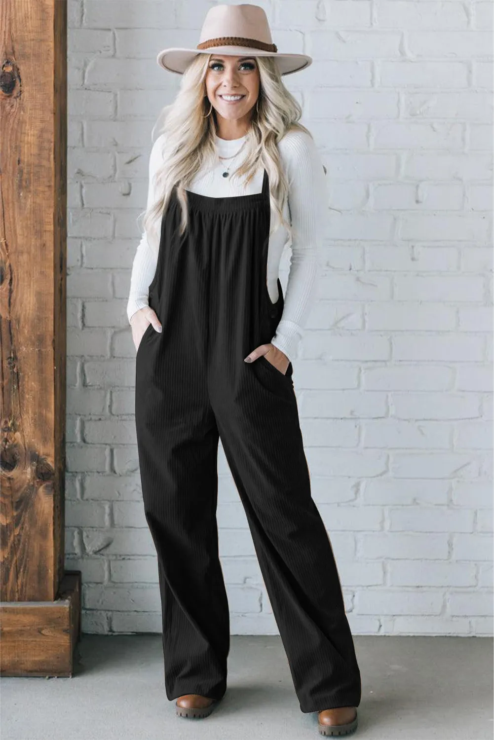 Black Solid Pocketed Loose Fit Corduroy Overall