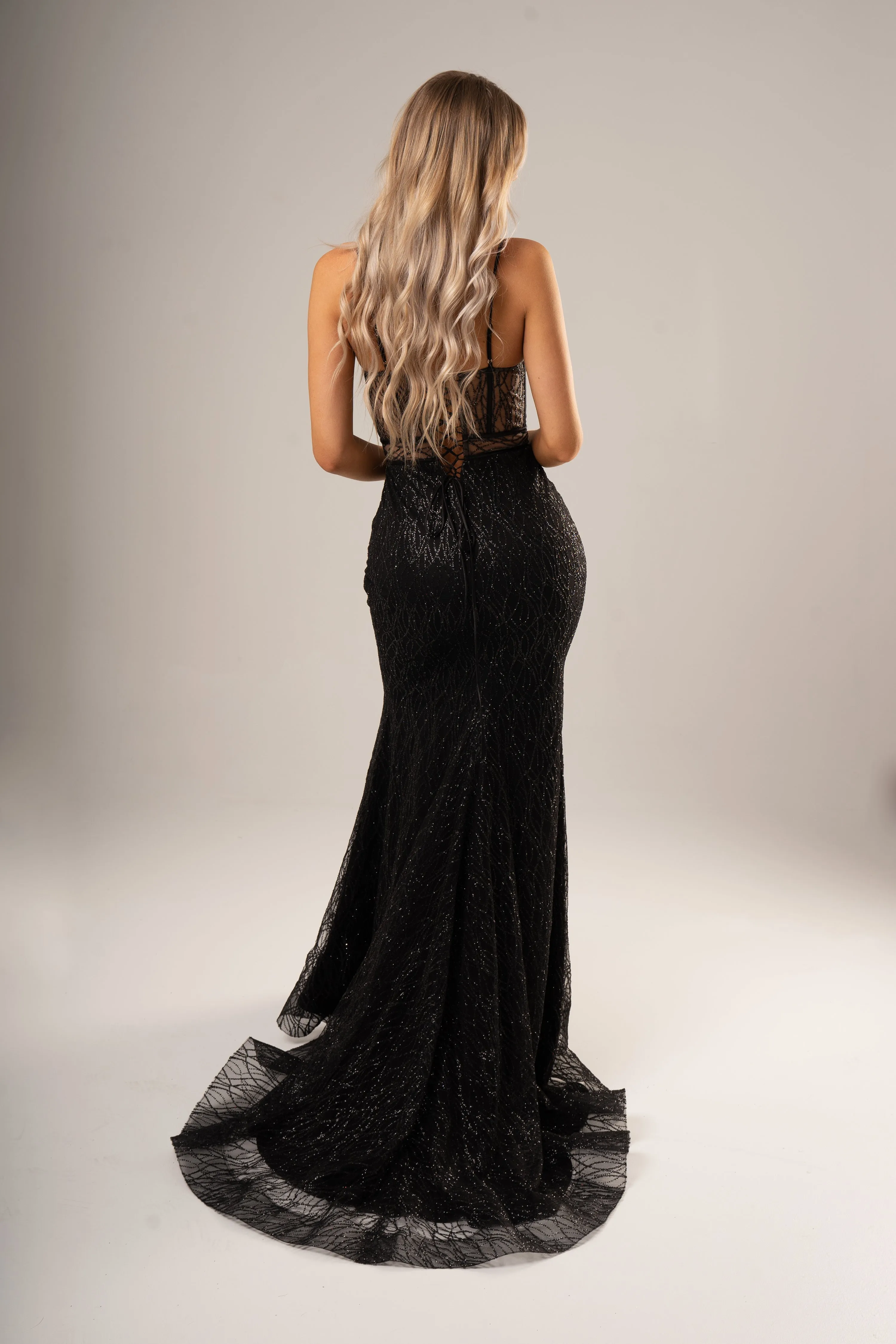 Black sparkling glittered mesh bustier mermaid dress