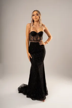 Black sparkling glittered mesh bustier mermaid dress