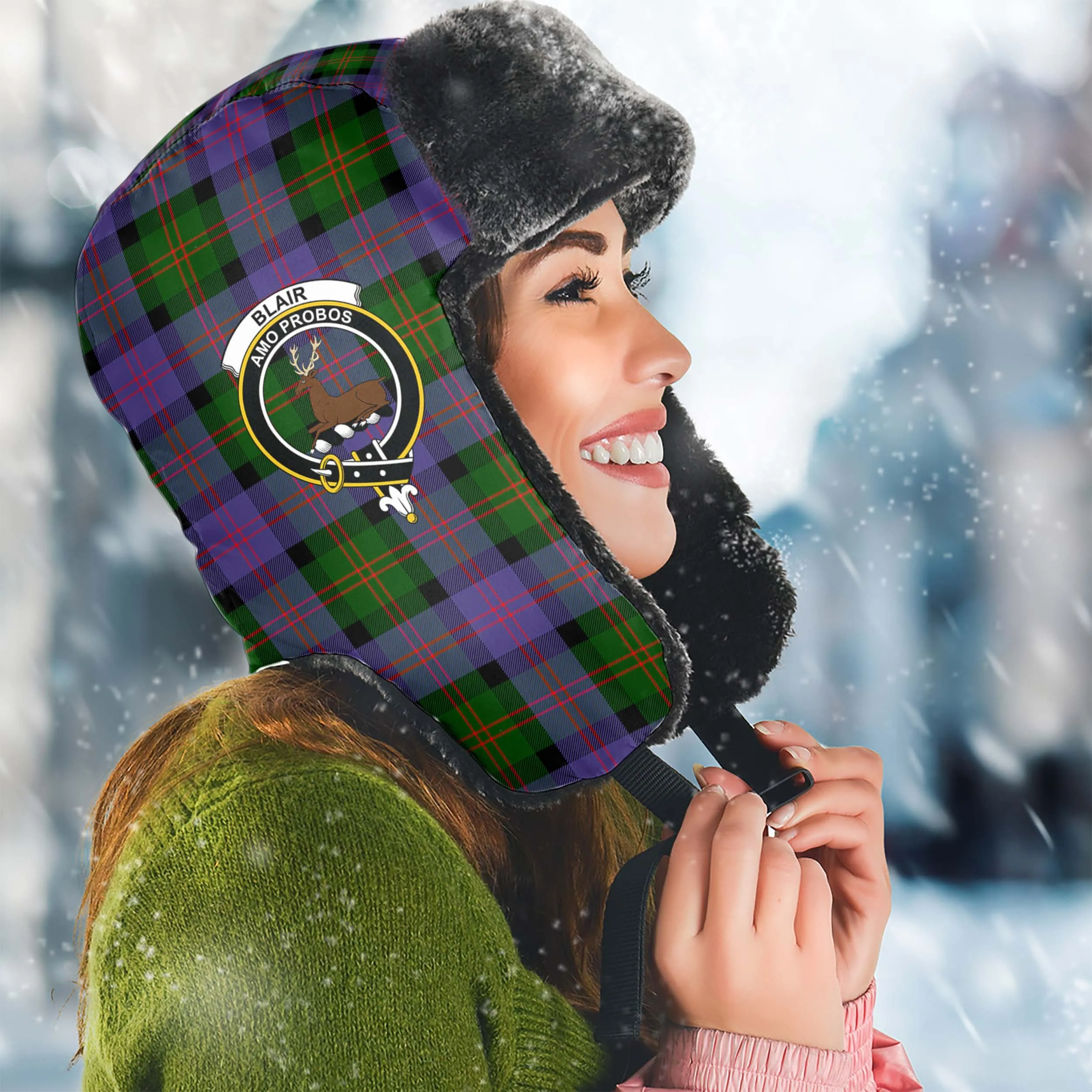 Blair Modern Tartan Winter Trapper Hat with Family Crest