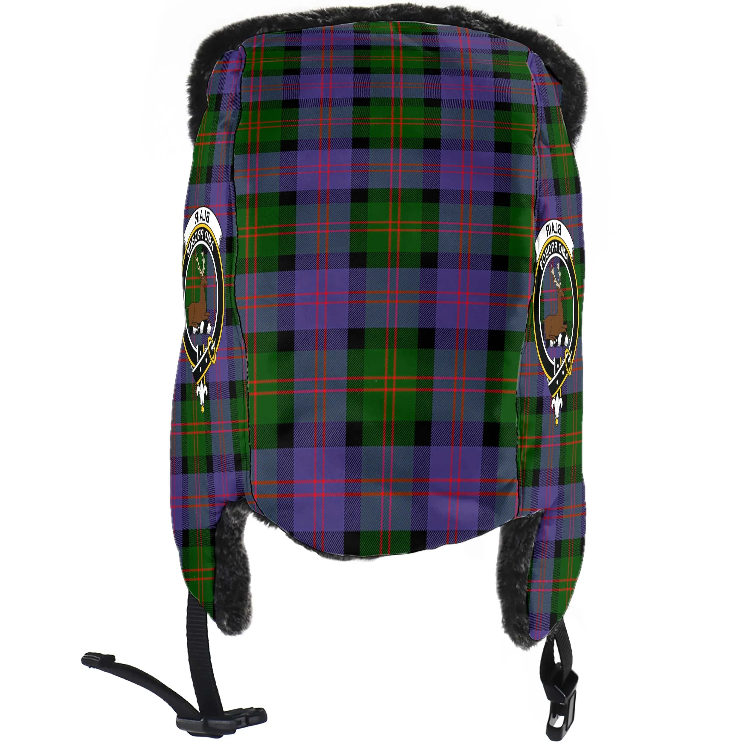 Blair Modern Tartan Winter Trapper Hat with Family Crest