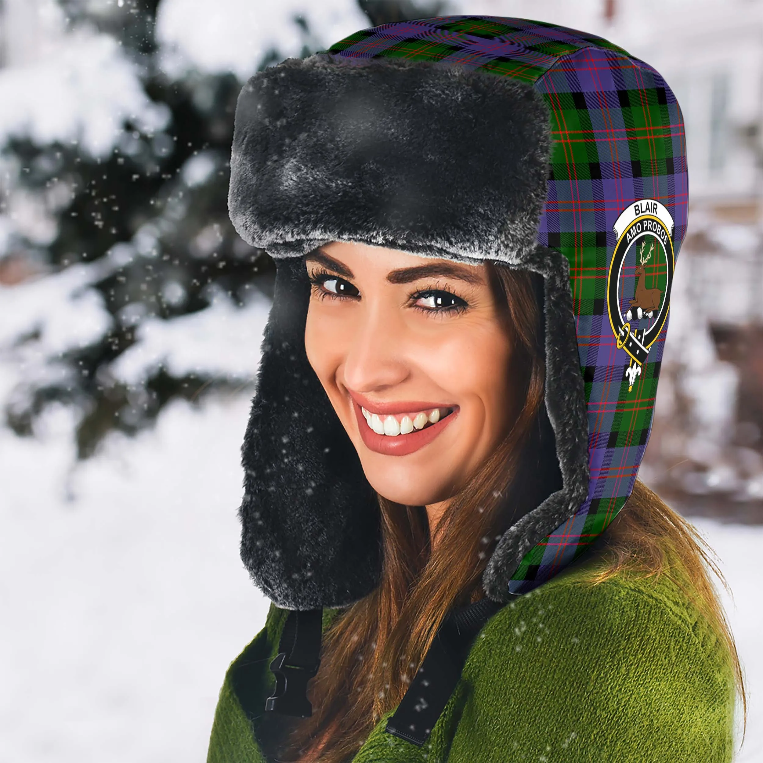 Blair Modern Tartan Winter Trapper Hat with Family Crest