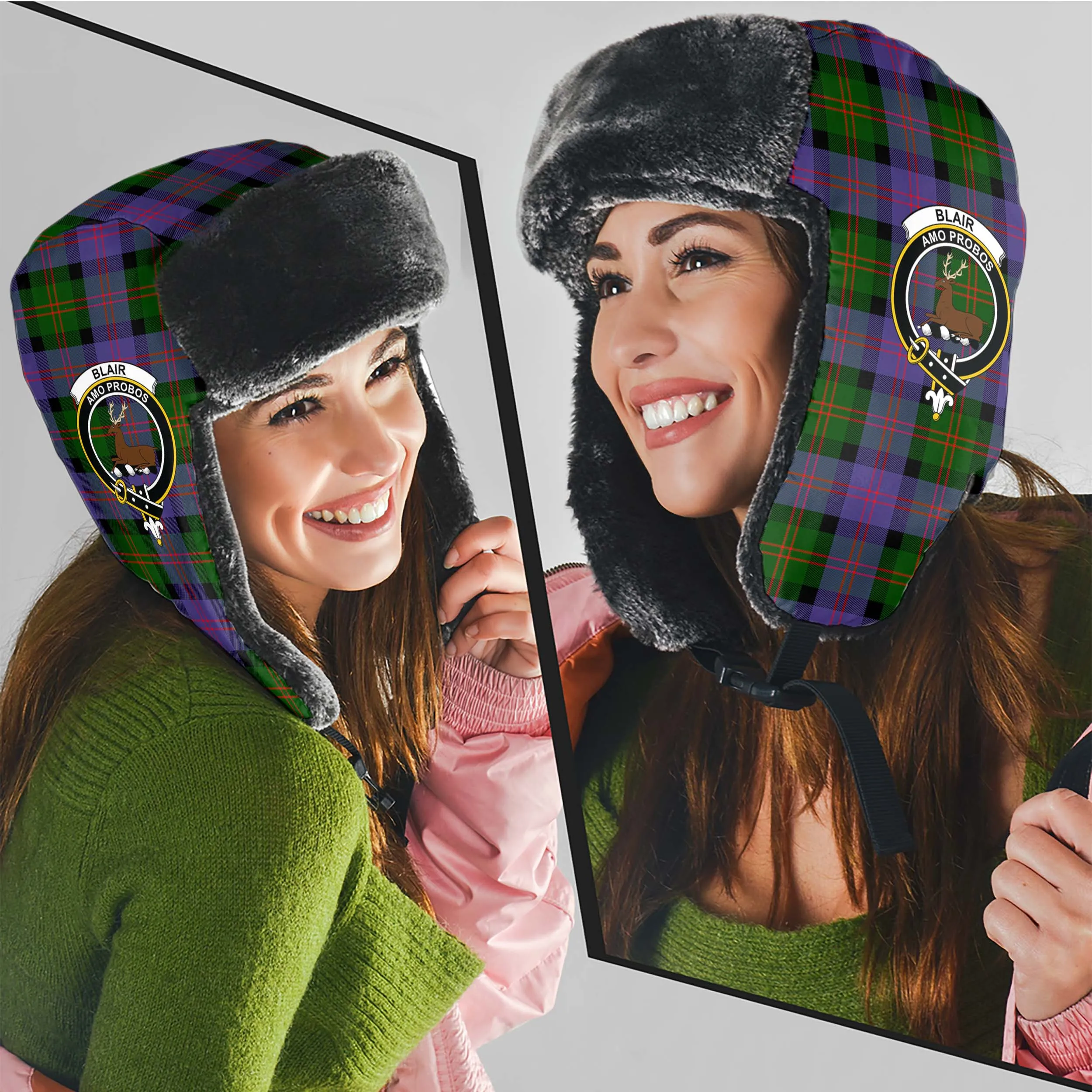 Blair Modern Tartan Winter Trapper Hat with Family Crest