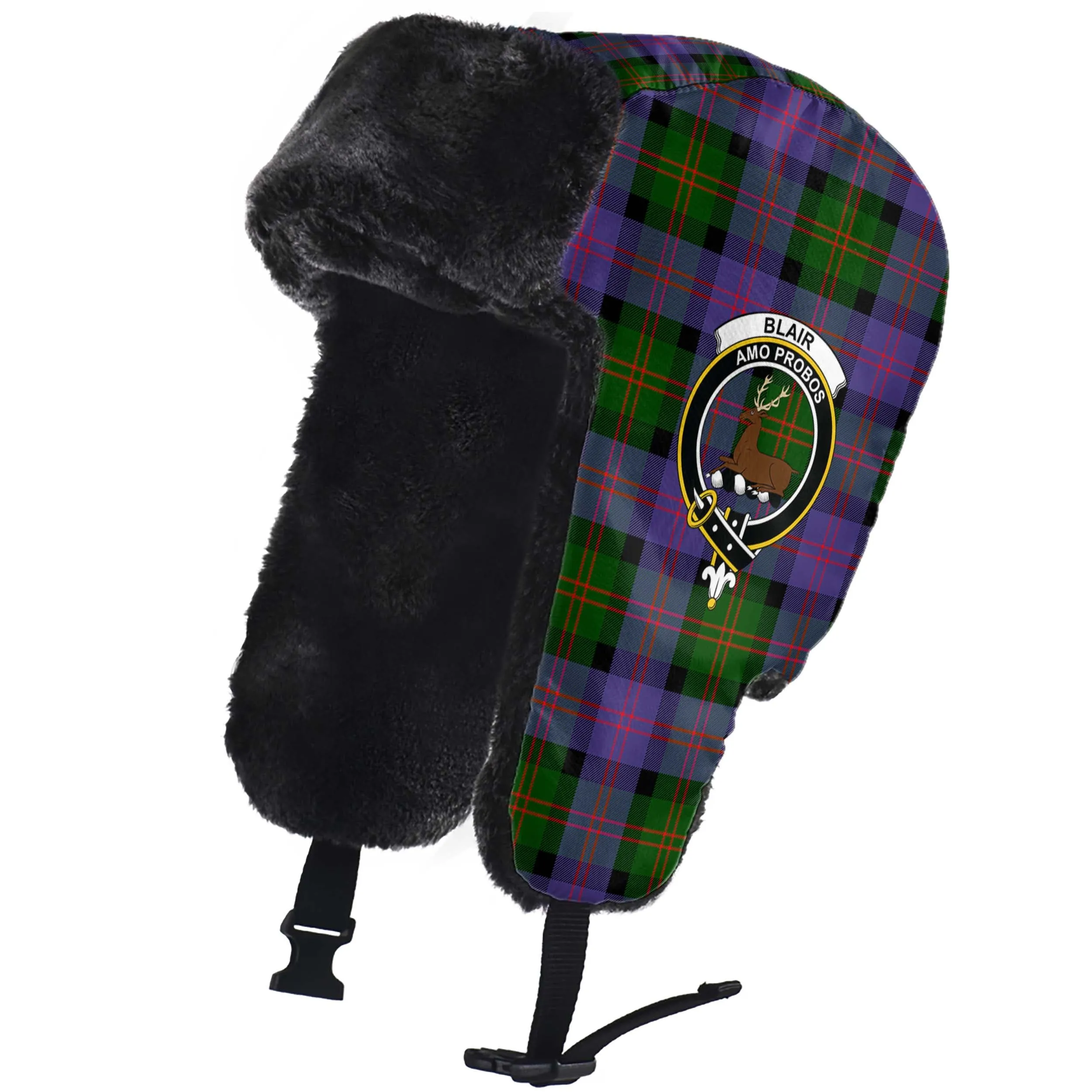 Blair Modern Tartan Winter Trapper Hat with Family Crest