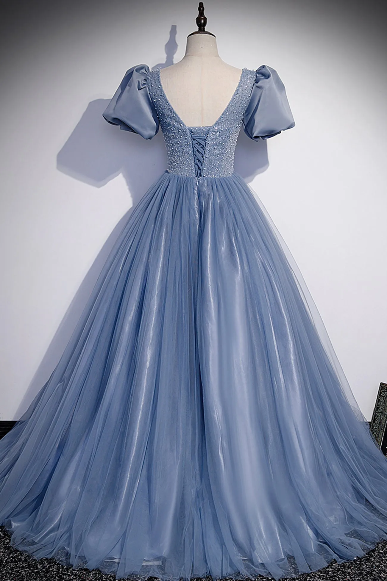 Blue Scoop Tulle Long Prom Dress, A-Line Short Sleeve Formal Dress