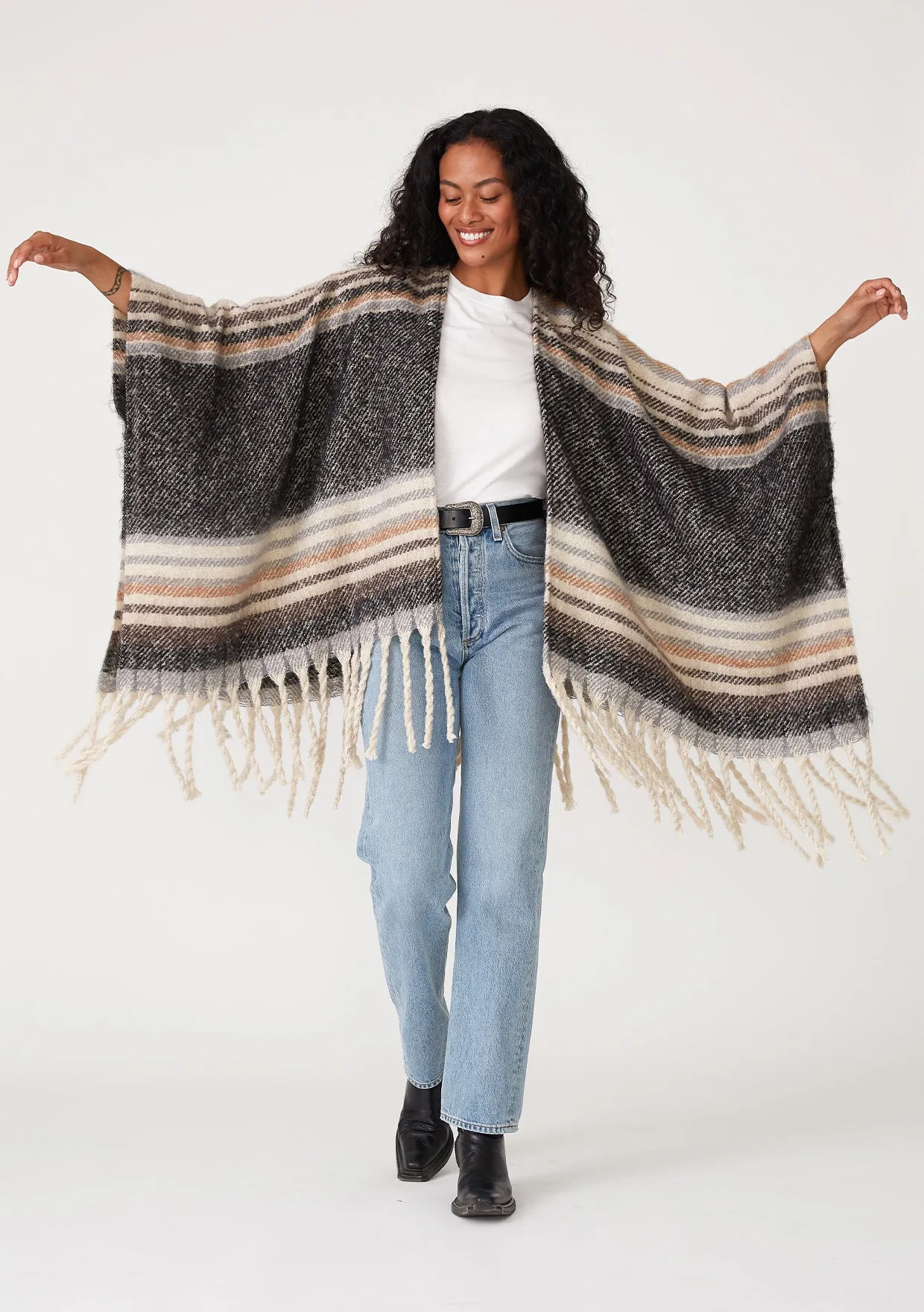 Bohemian Striped Fringe Poncho