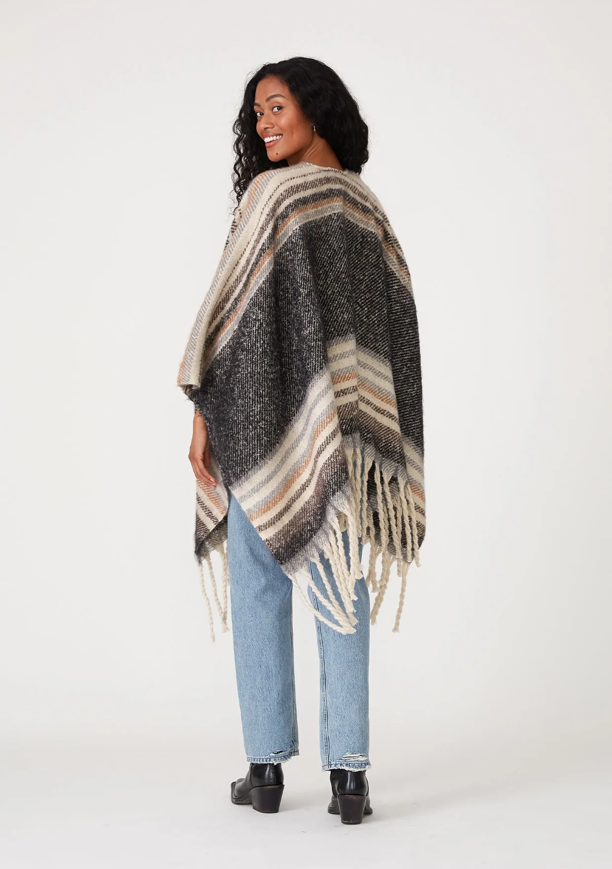 Bohemian Striped Fringe Poncho