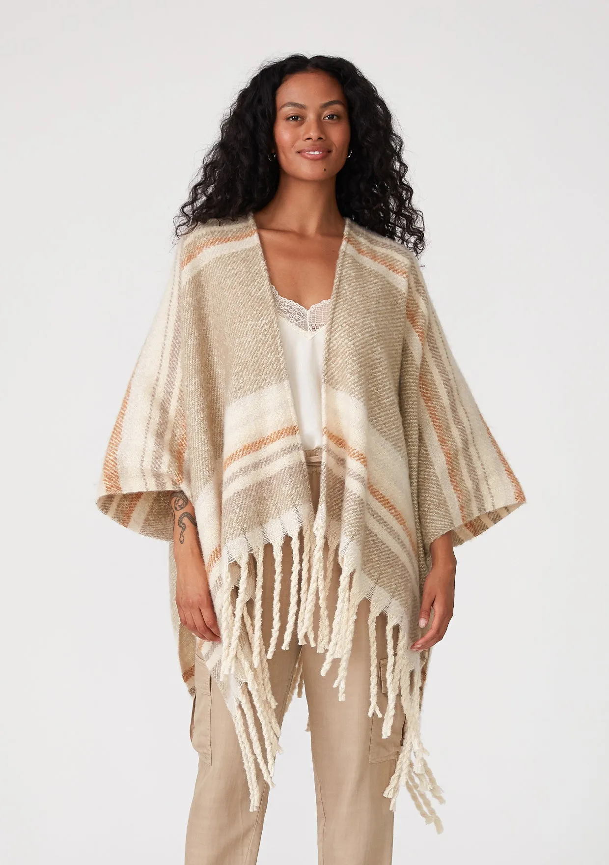 Bohemian Striped Fringe Poncho